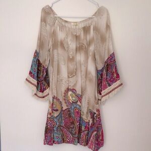 S/M Entro Peasant Dress Paisley Print Bell Sleeve Fringe Rayon Soft Colorful